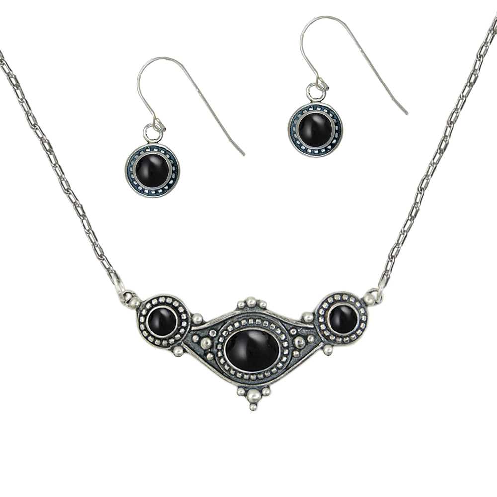 Sterling Silver Designer Necklace Earrings Set in Black Onyx
